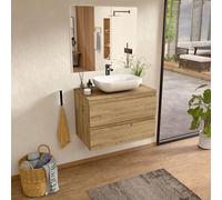 BELLOBATH - Mueble Baño Suspendido con Lavabo de Cerámica y Espejo, Mueble Baño con Lavabo Montado con 2 Cajones, 100 x 55 x 46 cm, Mueble Roble