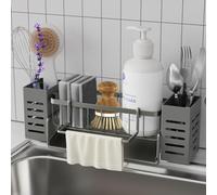 Bellovero Organizador Fregadero,Soporte Estropajo Fregadero, Accesorios Cocina con Bandeja de Desagüe Autodrenante,Toallero y Caja de Almacenamiento Cepillos, Organizador Baño (Gris Claro)