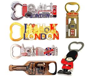 Bells Box Juego de 6 imanes para nevera con abrebotellas de recuerdo de Londres, paquete de regalo de viaje de metal del Reino Unido, Big Ben, autobús rojo, cabina de teléfono, decoración de recuerdo