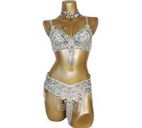 Belly Dancer Top Trajes de Danza del Vientre con Cuentas for Mujer, Conjuntos de 2 Piezas con Sujetador y cinturón, Disfraz for Mujer(Silver,Bra34D Belt85cm)