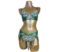 Belly Dancer Top Trajes de Danza del Vientre con Cuentas for Mujer, Conjuntos de 2 Piezas con Sujetador y cinturón, Disfraz for Mujer(Green,Bra34B BELT85cm)