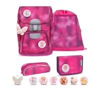 Belmil Motion 405-74/AG/S - Juego de mochila escolar (5 piezas, material reciclado con correa para el pecho, cinturón de cadera, cierre magnético, parches, 6 unidades), Rosa brillante 2025, 35 x 27 x