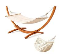 BELONID Hamaca con Soporte de Madera, 2 Hamacas, 200 kg | Madera maciza de pino, altura ajustable, 320x120x120 cm, estructura arqueada, jardín, terraza, balcón
