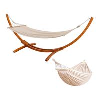 BELONID Hamaca con Soporte de Madera, Incluye 2 Hamacas, Carga 200 kg, 320x120x120 cm, Estructura Arqueada Estable de Madera, Altura Ajustable, para Jardín, Terraza y Balcón