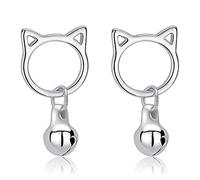 Belons Pendientes de gato para niñas de plata de ley 925 con forma de gato y campana, pendientes de gato y campana, pendientes para niños