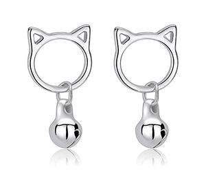 Belons Pendientes de gato para niñas de plata de ley 925 con forma de gato y campana, pendientes de gato y campana, pendientes para niños