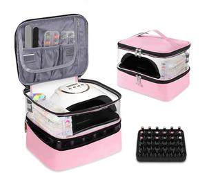 Beloving Bolsa de almacenamiento de esmalte de uñas de doble capa para 30 botellas y lámpara UV, organizador portátil de esmalte de uñas, maletín de cosméticos para mujer para diseño de uñas