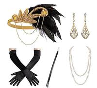 BELOWSYALER Accesorios de flapper para mujer, disfraz de plumas, diadema, collar, aretes, guantes, soporte para cóctel, fiesta, graduación, disfraz de mujer