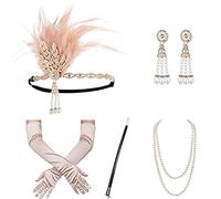BELOWSYALER Accesorios de flapper para mujer, disfraz de plumas, diadema, collar, aretes, guantes, soporte para cóctel, fiesta, graduación, disfraz de mujer