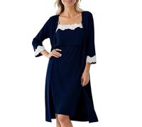 BELOWSYALER Camisón de lactancia cómodo con aberturas laterales, tela suave para embarazo y posparto, cómodo vestido de hogar de enfermería, azul marino, L
