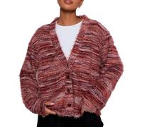 BELOWSYALER Cárdigan mullido de forro polar con cuello en V para mujer, suéter de punto suave con botones de manga larga, suéter colorido a rayas de gran tamaño, abrigo de abrigo elegante, rosso, L