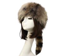 BELOWSYALER Gorro de Felpa de Invierno con Cola de Mapache,Gorro de Copa Plano de Felpa Unisex para Adultos,Gorro Mongol de Estilo Lindo con Cola de Mapache,Informal de Invierno para Mantener