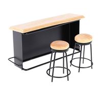 BELOWSYALER Juego de 3 mostradores de casa de muñecas en miniatura con 2 taburetes, marco de metal, mesa superior de madera, accesorios de escena modelo 1/12