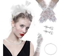 BELOWSYALER Juego de disfraz de tocado de encaje con guantes, collar para cócteles, fiestas, mujeres, tocado de flapper, accesorio de fiesta temática, tocado vintage con plumas