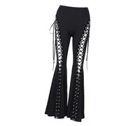 BELOWSYALER Pantalones acampanados retro con cordones y ojales con alta elasticidad, tela de poliéster transpirable cómoda para mujeres y niñas, pantalones cómodos, Negro, XL