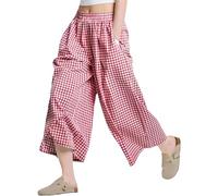 BELOWSYALER Pantalones capri holgados con estampado a cuadros para mujer, cintura elástica, pierna ancha, pantalones palazzos con bolsillo, culottes sueltos de pierna ancha, rosso, S