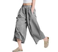 BELOWSYALER Pantalones capri holgados con estampado a cuadros para mujer, cintura elástica, pierna ancha, pantalones palazzos con bolsillo, culottes sueltos de pierna ancha, Negro, L