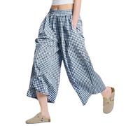 BELOWSYALER Pantalones capri holgados con estampado a cuadros para mujer, cintura elástica, pierna ancha, pantalones palazzos con bolsillo, culottes sueltos de pierna ancha, azul, M