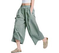 BELOWSYALER Pantalones capri holgados con estampado a cuadros para mujer, cintura elástica, pierna ancha, pantalones palazzos con bolsillo, culottes sueltos de pierna ancha, verde, XL