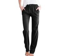 BELOWSYALER Pantalones de algodón casuales de cintura alta elástica de color liso, pierna recta, ajuste holgado, con cordón y bolsillos para mujer, pantalones de pierna recta con cordón, Negro, S