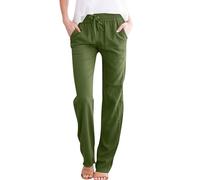 BELOWSYALER Pantalones de algodón casuales de cintura alta elástica de color liso, pierna recta, ajuste holgado, con cordón y bolsillos para mujer, pantalones de pierna recta con cordón, Ejercito