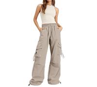 BELOWSYALER Pantalones de paracaídas holgados para mujer, estilo informal, con bolsillos laterales, pantalones cargo altos para mujer, pierna ancha con bolsillos para senderismo, caqui, L