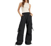 BELOWSYALER Pantalones de paracaídas holgados para mujer, estilo informal, con bolsillos laterales, pantalones cargo altos para mujer, pierna ancha con bolsillos para senderismo, Negro, M