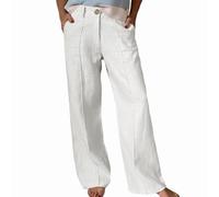 BELOWSYALER Pantalones de pierna ancha de algodón y lino para mujer, con botones frontales, yoga, playa, casual, de algodón y lino, pierna ancha, blanco, M