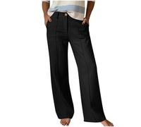 BELOWSYALER Pantalones de pierna ancha de algodón y lino para mujer, con botones frontales, yoga, playa, casual, de algodón y lino, pierna ancha, Negro, XXL