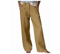 BELOWSYALER Pantalones de pierna ancha de algodón y lino para mujer, con botones frontales, yoga, playa, casual, de algodón y lino, pierna ancha, caqui, L