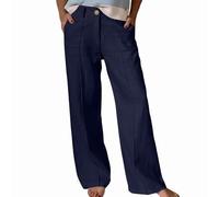 BELOWSYALER Pantalones de pierna ancha de algodón y lino para mujer, con botones frontales, yoga, playa, casual, de algodón y lino, pierna ancha, azul marino, XL