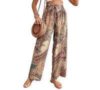 BELOWSYALER Pantalones de playa con cordón y cintura elástica para mujer, pantalones de playa con estampado Ehtnic para salidas casuales diarias, caqui, L