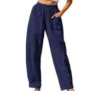 BELOWSYALER Pantalones holgados de pierna ancha para mujer con cintura elástica y bolsillos, cintura elástica, pierna ancha, pantalones holgados con bolsillos, azul oscuro, S
