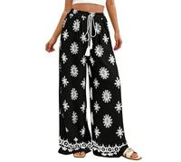 BELOWSYALER Pantalones palazzo de pierna ancha para mujer, pantalones florales de verano 2026, ropa de vacaciones en la playa, pantalones palazzo con bolsillos, Negro, L