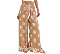 BELOWSYALER Pantalones palazzo de pierna ancha para mujer, pantalones florales de verano 2026, ropa de vacaciones en la playa, pantalones palazzo con bolsillos, caqui, XXL