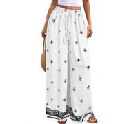 BELOWSYALER Pantalones palazzo de pierna ancha para mujer, pantalones florales de verano 2026, ropa de vacaciones en la playa, pantalones palazzo con bolsillos, blanco, L