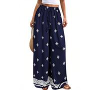 BELOWSYALER Pantalones palazzo de pierna ancha para mujer, pantalones florales de verano 2026, ropa de vacaciones en la playa, pantalones palazzo con bolsillos, azul marino, M