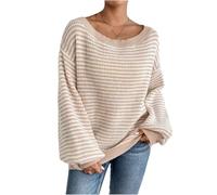 BELOWSYALER Suéter de punto a rayas de gran tamaño para mujer, suéter de manga larga con mangas para uso casual de otoño e invierno, ajuste holgado, beige, L