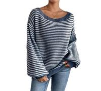 BELOWSYALER Suéter de punto a rayas de gran tamaño para mujer, suéter de manga larga con mangas para uso casual de otoño e invierno, ajuste holgado, azul, L