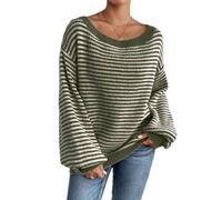 BELOWSYALER Suéter de punto a rayas de gran tamaño para mujer, suéter de manga larga con mangas para uso casual de otoño e invierno, ajuste holgado, verde, XL