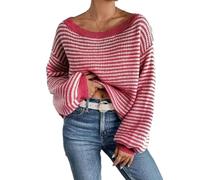 BELOWSYALER Suéter de punto a rayas de gran tamaño para mujer, suéter de manga larga con mangas para uso casual de otoño e invierno, ajuste holgado, rosso, M