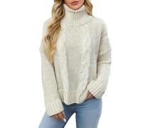 BELOWSYALER Suéter de punto grueso y cálido con cuello alto para mujer, de gran tamaño, manga larga, color poliéster, prenda esencial para invierno, suéter holgado para mujer, blanco, L