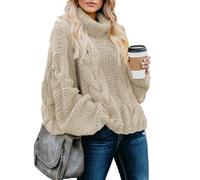 BELOWSYALER Suéter de punto grueso y cálido con cuello alto para mujer, de gran tamaño, manga larga, color poliéster, prenda esencial para invierno, suéter holgado para mujer, beige, S
