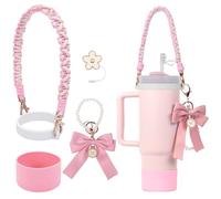 BELSITA Stanley - Juego de accesorios para tazas - Correa de asa trenzada con cadena de perlas de lazo, bota de silicona, dijes para vaso de 30/40 onzas (rosa), estándar