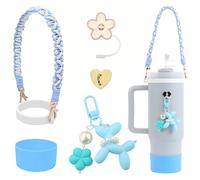 BELSITA Stanley - Juego de accesorios para tazas Stanley con diseño trenzado de cadena de perlas de perro, correa de mango de botella de agua, bota de silicona Stanley, dijes Stanley para taza Stanley