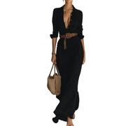Belted Shirt Dress for Women Long Sleeve Maxi Collared Solid Color (Black,XXL)