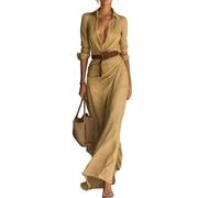 Belted Shirt Dress for Women Long Sleeve Maxi Collared Solid Color (Khaki,M)