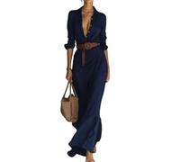 Belted Shirt Dress for Women Long Sleeve Maxi Collared Solid Color (Navy,M)