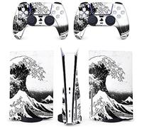 BelugaDesign PS5 Wave Piel Japonesa | Kanagawa Vinilo Cubierta Envoltura Pegatina Juego Completo Controlador de Consola | Compatible con Sony PlayStation 5 (Disco estándar PS5, Blanco y Negro)