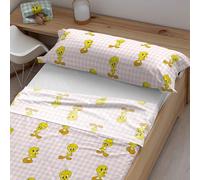 BELUM | Juego de sábanas con almohada y bajera estampadas 100% algodón modelo Tweety Vichy Pink para cama de 90 cm | Juego de sábanas ligeras, suaves y confortables